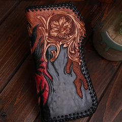 Handmade Mens Cool Tooled Long Zhong Kui demon Leather Chain Wallet Biker Trucker Wallet with Chain