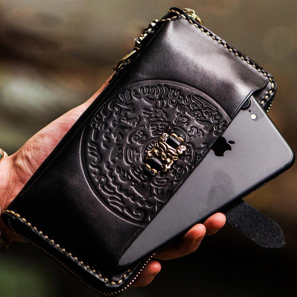 Handmade Leather Mens Tibetan Chain Biker Wallet Cool Leather Wallets Long Clutch Wallets for Men