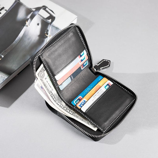 Handmade Leather Mens Cool Slim Leather Zipper Wallet Men Small Wallets Bifold for Men