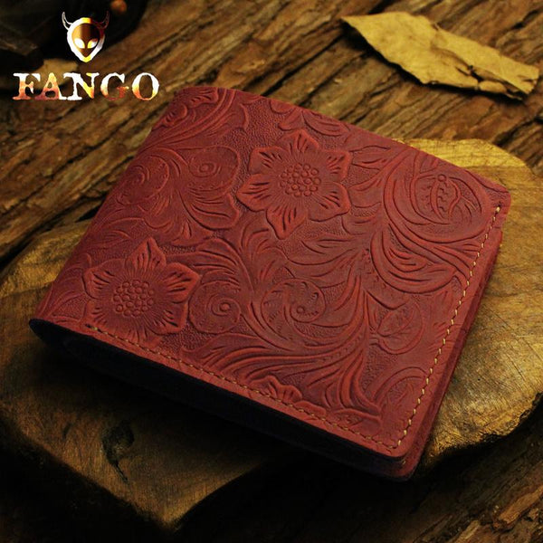 Handmade Leather Floral Mens Cool Slim Leather Wallet Men billfold Wallets Bifold for Men