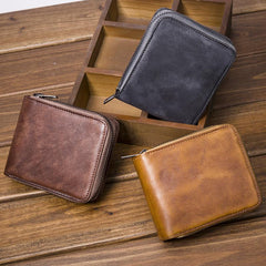 Genuine Leather Mens Cool Zipper Leather Wallet Men Small Wallets Bifold for Men