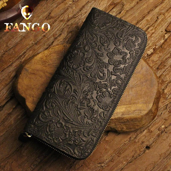 Handmade Leather Floral Floral Mens Cool Zipper Phone Travel Long Wallet Card Holder Card Slim Clutch Wallets for Men