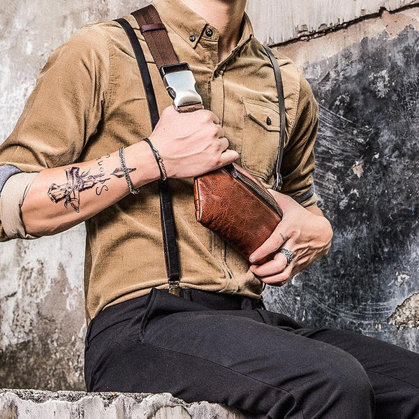 Handmade Leather Mens Waist Bag Hip Pack Belt Bag Fanny Pack Bumbag for Men - iChainWallets