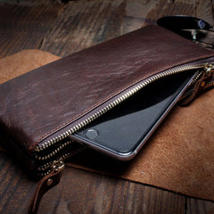 Handmade Leather Mens Cool Long Leather Wallet Slim Zipper Clutch Wristlet Wallet for Men