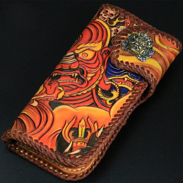 Handmade Mens Tooled God Mahakala Long Leather Chain Wallet Biker Trucker Wallet with Chain