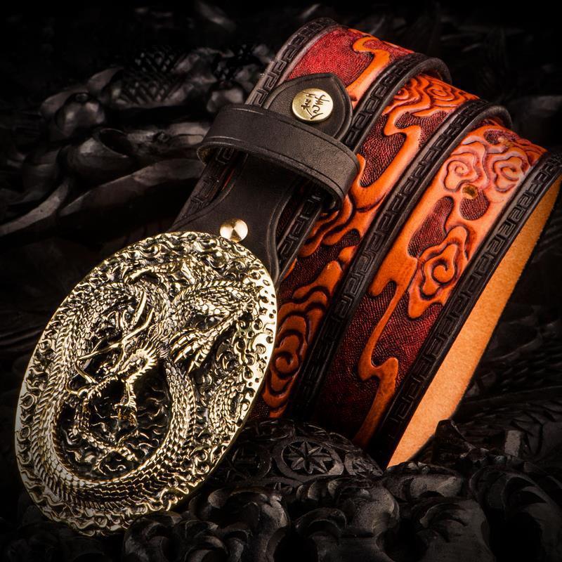 Handmade Genuine Leather Tooled Chinese Dragon Mens Belt Custom