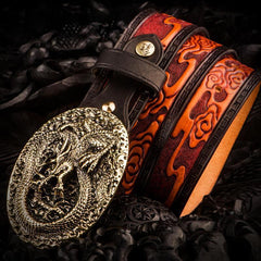 Handmade Genuine Leather Tooled Chinese Dragon Mens Belt Custom Cool Leather Men Belts for Men