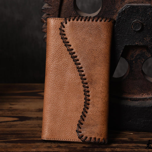 Handmade Leather Mens Cool Long Leather Wallet Trifold Clutch Wallet for Men - iChainWallets