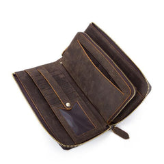 Vintage Mens Leather Clutch Long Wallet Zipper Bifold Wristlet Wallet For Men
