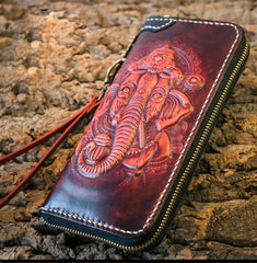 Handmade Leather Mens Tooled Long Chain Biker Wallet Cool Tooled Ganesha Wallet Long Phone Wallets for Men