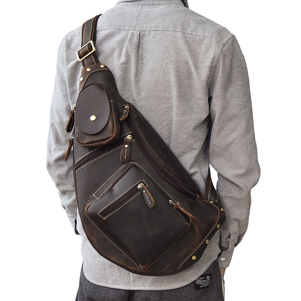 Genuine Leather Cool Chest Bag CrossBody Sling Bag Travel Bag Hiking Bag For Men