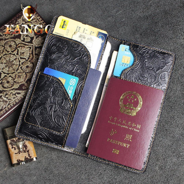 Handmade Leather Floral Mens Cool Travel Long Wallet Passport Card Holder Card Slim Wallets for Men