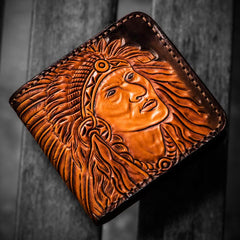 Handmade Leather Indian Chief Tooled Mens billfold Wallet Cool Leather Wallet Small Wallet for Men