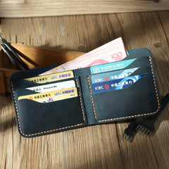 Handmade Slim Blue Leather Mens Billfold Wallet Personalize Bifold Small Wallets for Men