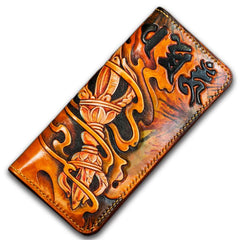 Handmade Leather Men Tooled Tibetan Pestle Cool Leather Wallet Long Phone Wallets for Men