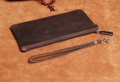 Genuine Leather Mens Cool Long Leather Wallet Slim Zipper Clutch Wristlet Wallet for Men