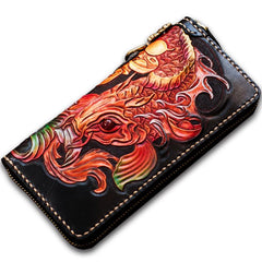 Handmade Leather Tooled Carp Mens Chain Biker Wallest Cool Leather Wallets Long CHain Wallets for Men