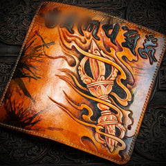 Handmade Leather Men Tooled Tibetan Pestle Cool Leather Wallet Long Phone Wallets for Men