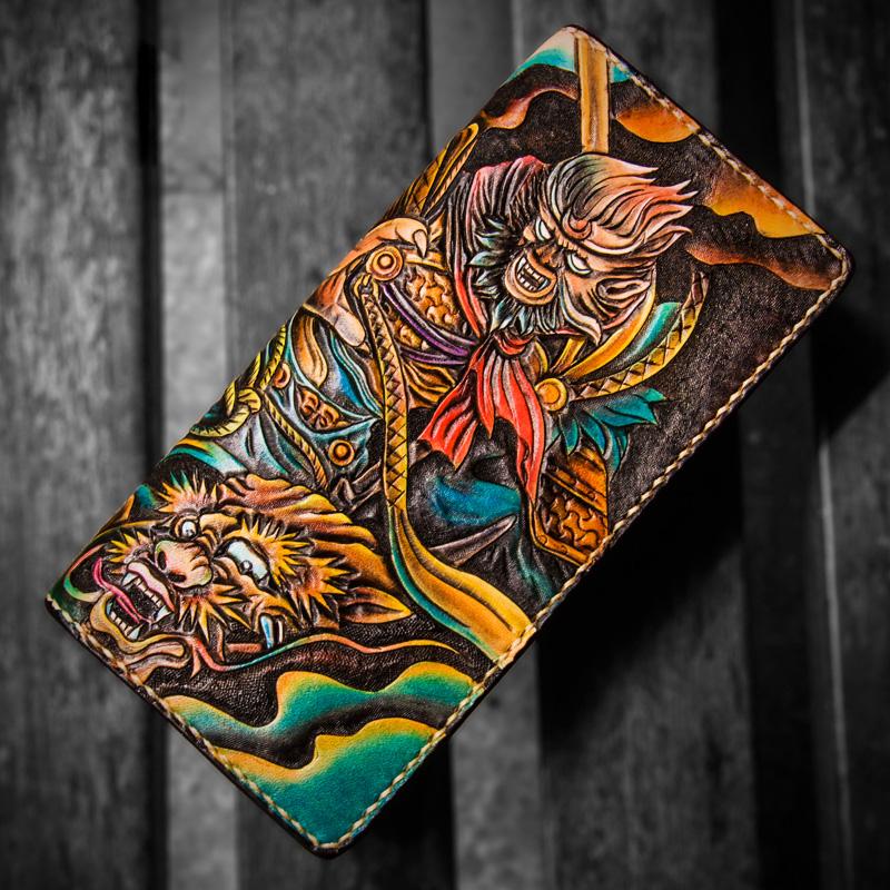 Handmade Leather Men Tooled Monkey King Cool Leather Wallet Long Phone Clutch Wallets for Men