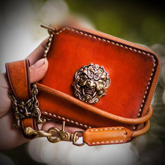 Handmade Leather Tibetan Tooled Mens billfold Wallet Cool Small Chain Wallet Biker Wallet for Men