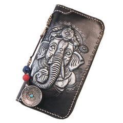Handmade Leather Mens Tooled Long Chain Biker Wallet Cool Tooled Ganesha Wallet Long Phone Wallets for Men