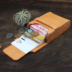 Handmade Wooden Brown Cool Leather Mens Wallet Small Card Holder Coin Wallet for Men