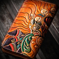 Handmade Leather Tooled Mahākāla Mens Zipper Long Wallet Cool Leather Wristlet Wallet for Men
