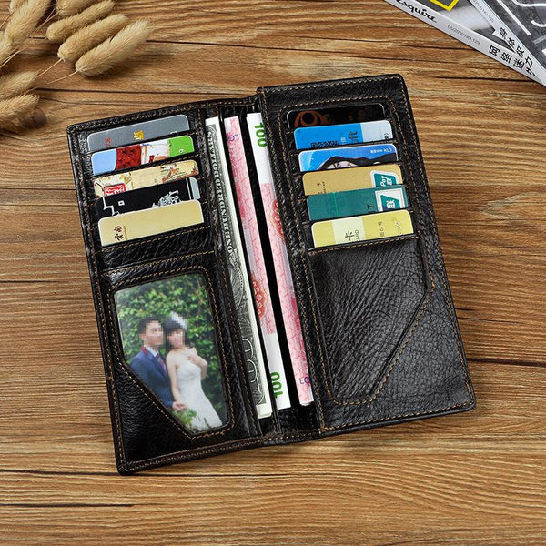 Genuine Leather Mens Bifold Wallet Coffee Long Wallet for Men with Multi Cards