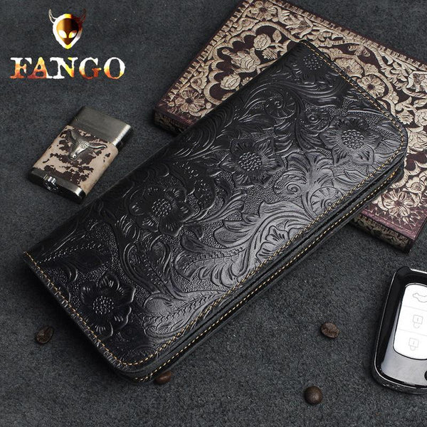 Handmade Leather Floral Mens Cool Travel Long Wallet Card Holder Card Slim Clutch Wallets for Men