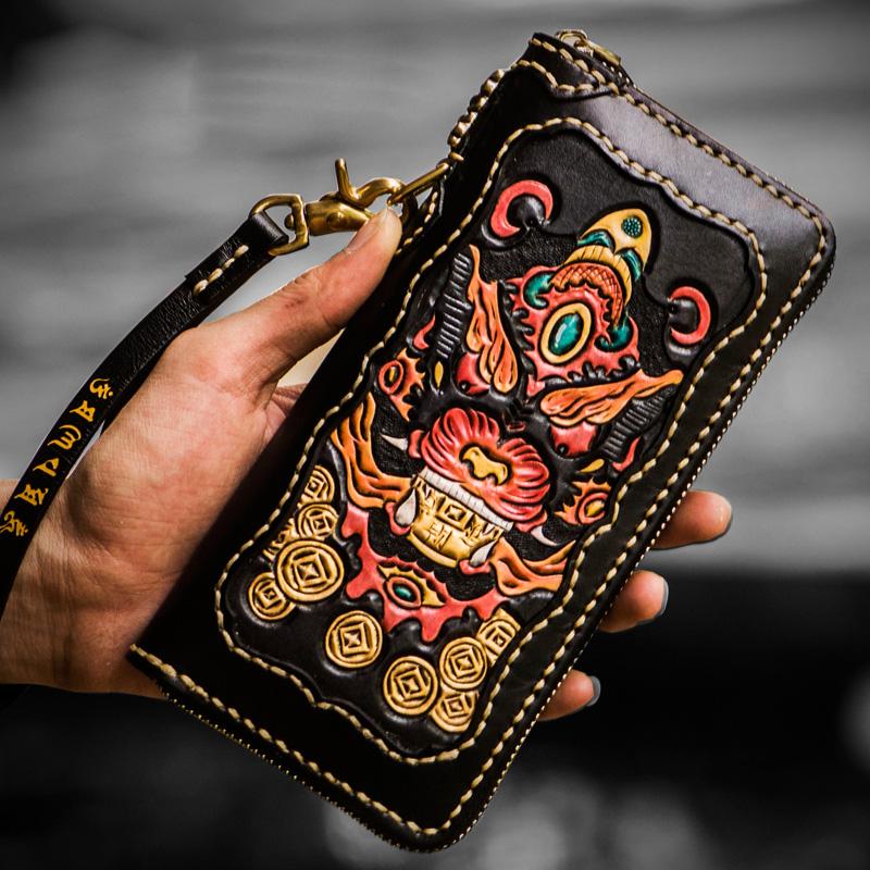 Handmade Leather Mens Tooled Monster Chain Biker Wallet Cool Leather Wallet Long Clutch Wallets for Men