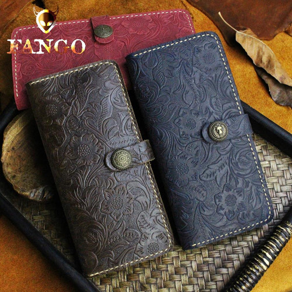 Handmade Leather Floral Mens Cool Travel Long Wallet Card Holder Card Slim Clutch Wallets for Men