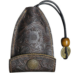 Handmade Leather Floral Mens Cool Car Key Wallet Coin Wallet Pouch Car KeyChain for Men