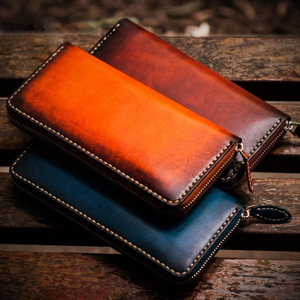 Handmade Leather Mens Cool Long Leather Wallets Zipper Clutch Wallet for Men