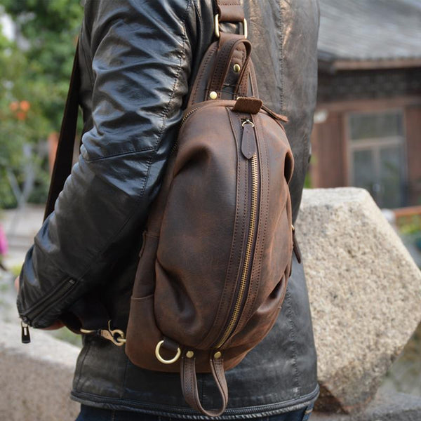 Brown Leather Sling Pack Cool Sling Bags for Men Cool Mens Sling Bags Crossbody Chest Bag