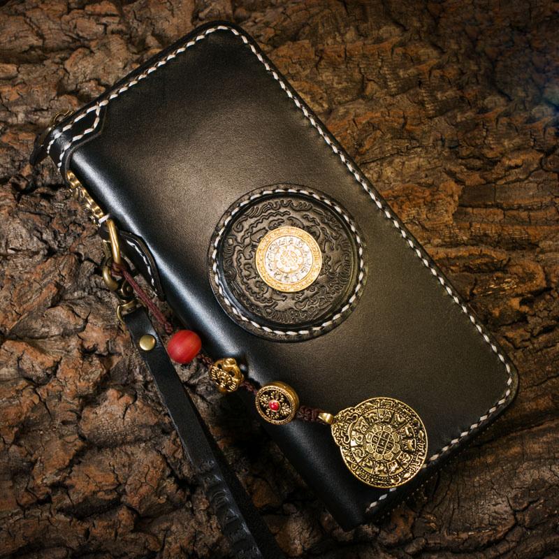 Handmade Leather Mens Chain Biker Wallet Cool Leather Wallet Long Phone Wallets for Men