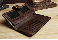 Handmade Leather Mens Cool Long Leather Wallet Card Wallet Clutch Wristlet Wallet for Men
