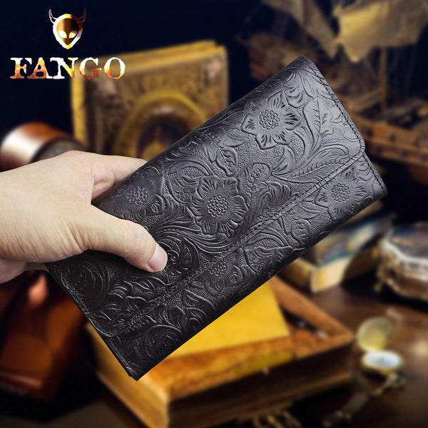 Handmade Leather Floral Mens Cool Travel Long Wallet Card Holder Card Trifold Clutch Wallets for Men