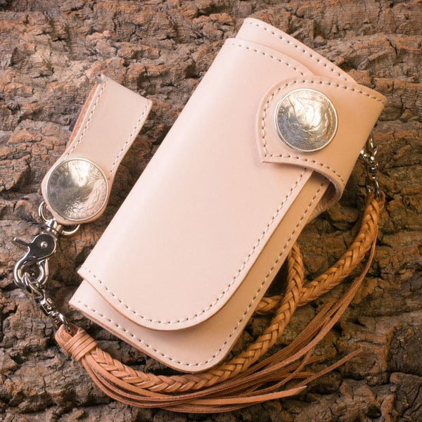 Handmade Mens Cool Beige Leather Long Chain Wallet Biker Trucker Wallet with Chain