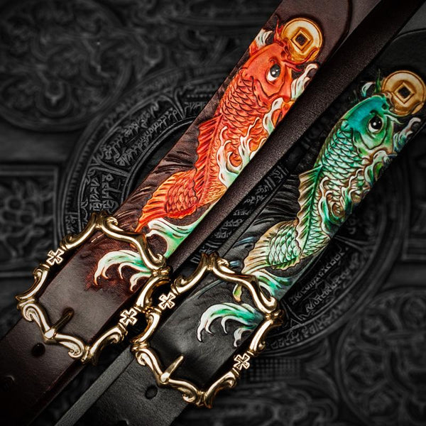 Handmade Leather Tooled Carp Mens Belt Cool Leather Men Belt for Men