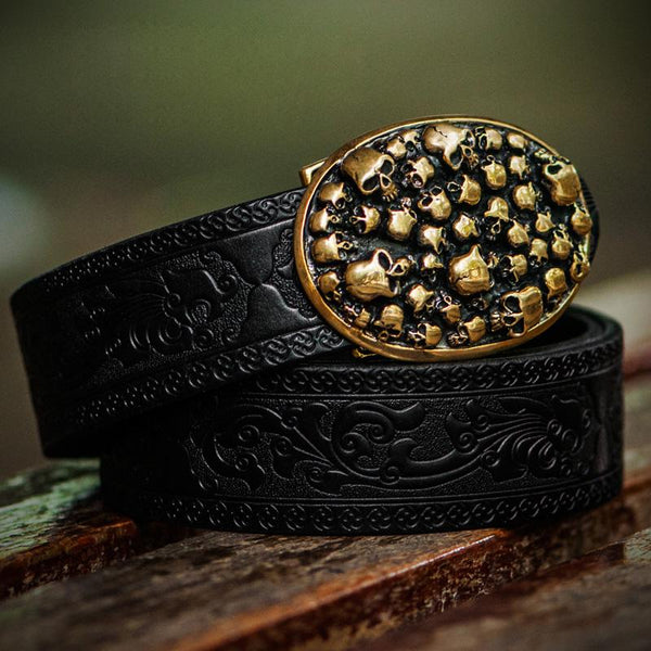 Handmade Black Leather Skull Mens Belts Cool Leather Men Belt for Men