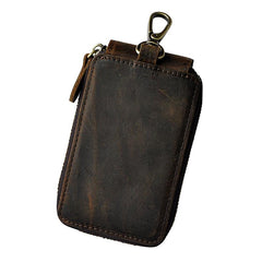 Vintage Brown Leather Mens Small Key Zipper Car Key Wallet Key Holder for Men