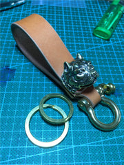 Tan Biker Leather Brass Keyring Moto KeyChain Bulldog Leather Keyring Moto Cross Key Holders Key Chain Key Ring for Men