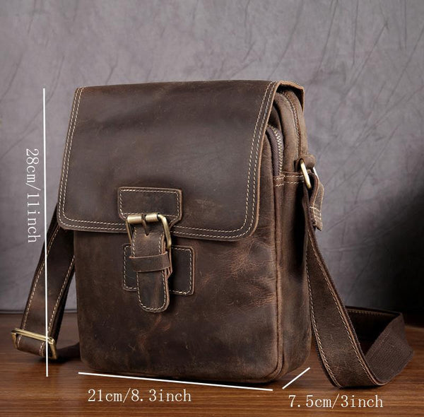 Vintage Mens Brown Leather Small Side Bag Vertical Messenger Bag For Men