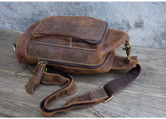 Vintage Large Brown Leather Mens Sling Bag Sling Pack Sling Backpack for Men