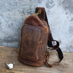 Vintage Large Leather Mens Sling Bag Brown Sling Pack Sling Backpack for Men