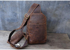 Vintage Large Brown Leather Mens Sling Bag Sling Pack Sling Backpack for Men