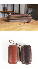Vintage Leather Mens Clutch Cool Handmade Wallet Triple Zippers Clutch Wristlet Wallet for Men