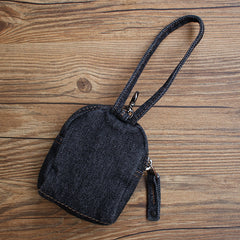Vintage Mens Black Denim Mini Pouch Denim Small Card Coin Purse with Lanyard for Women