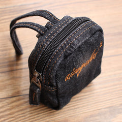 Vintage Mens Black Denim Mini Pouch Denim Small Card Coin Purse with Lanyard for Women