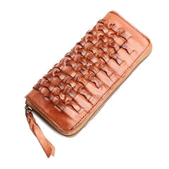 Vintage Braided Brown Leather Mens Long Wallet Zipper Clutch Wallet For Men